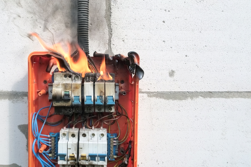 burning,switchboard,from,overload,or,short,circuit,on,wall.,circuit